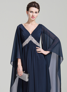 Imperium V-hals Gulvlengde Chiffong Kjole til brudens mor med Profilering Plissert paljetter 