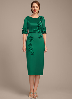 Sheath/Column Scoop Tea-Length Silky Satin Mother of the Bride Dress With Beading 3D Floral 