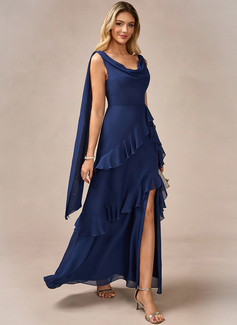 A-line Cowl Floor-Length Chiffon Evening Dress With Cascading Ruffles Cape 