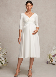 A-line V-Neck Knee-Length Jersey Maternity Dresses With Bow Pleated 