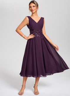 A-line V-Neck Tea-Length Chiffon Lace Cocktail Dress With Sequins 