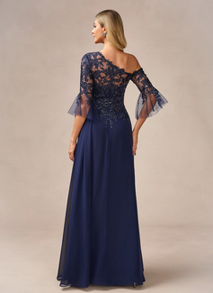 A-line One Shoulder Floor-Length Chiffon Lace Evening Dress With Sequins 