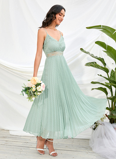 V-hals Ermeløs Sexy A-line kjole Chiffong Midi Ankel-lengde Motekjoler 