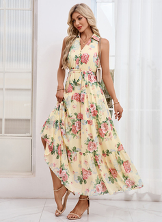 Floral Print Collared Sleeveless A-line Chiffon Maxi Dress 