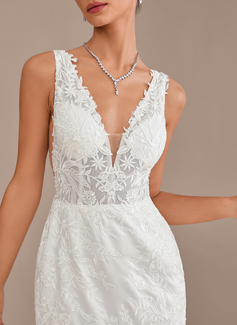 Trumpet/Mermaid V-Neck Court Train Organza Satin Lace Wedding Dress With Sequins 