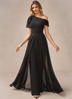 Jumpsuits One Shoulder Floor-Length Chiffon Evening Dress With Overskirt Bow 