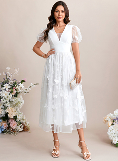 Embroidered V-Neck Short Sleeve A-line Lace Midi Dress 