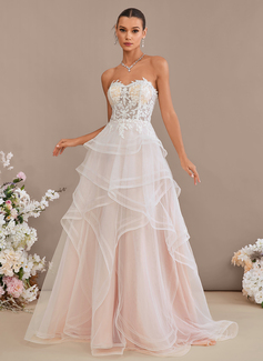 Ball-Gown/Princess Off the Shoulder Sweep Train Tulle Lace Wedding Dress With Sequins 