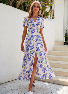 V-hals Kortermer Ferie A-line kjole Chiffong Midi Motekjoler 