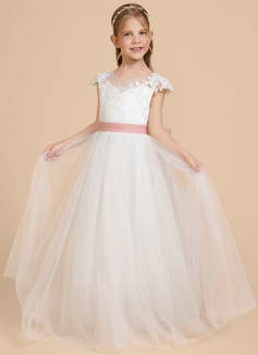 Prinzessin Rundhals Bodenlang Spitze Blumenmädchenkleid mit Cape-Ärmel Schärpe 