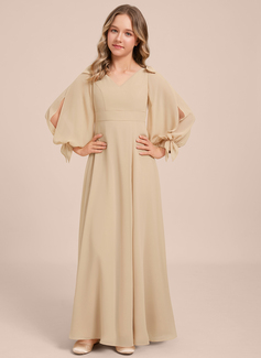 A-line V-Neck Floor-Length Chiffon Junior Bridesmaid Dress With Bow 