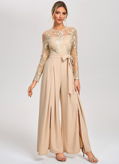 Jumpsuits Illusion Floor-Length Tulle Stretch Crepe Cocktail Dress With Embroidered 