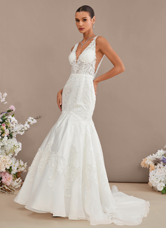 Trumpet/Mermaid V-Neck Court Train Organza Satin Lace Wedding Dress With Sequins 