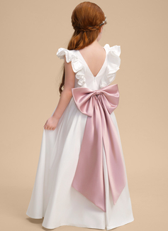 A-line Scoop Floor-Length Lining 100% Cotton Satin Flower Girl Dress With Bow 
