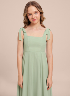 A-line Square Floor-Length Chiffon Junior Bridesmaid Dress With Bow 