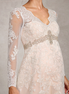 A-line V-Neck Court Train Lace Tulle Maternity Dresses With Beading 