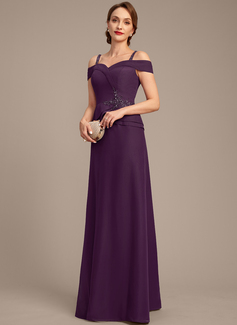 A-line Cold Shoulder Floor-Length Chiffon Mother of the Bride Dress With Beading Sequins 
