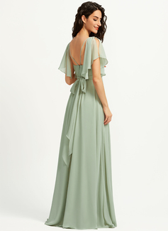 A-line kjole V-hals Gulvlengde Chiffong Brudepikekjole med Frynse 