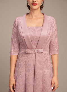 A-line Square Knee-Length Satin Lace Mother of the Bride Dress With Pleated Sequins 