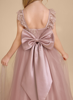 A-line kjole Firkantet hals Gulvlengde Blonder Tyll Brudepikekjole barn med Profilering 3D-blomster 