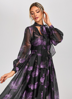 A-line V-Neck Ankle-Length Chiffon Jersey Cocktail Dress With Floral Print 