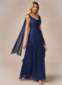 A-line Cowl Floor-Length Chiffon Evening Dress With Cascading Ruffles Cape 