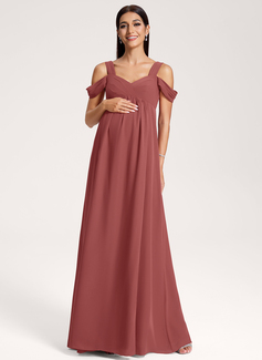 A-line Cold Shoulder V-Neck Floor-Length Chiffon Maternity Dresses With Pleated 