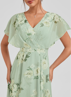 A-line V-Neck Asymmetrical Chiffon Bridesmaid Dress With Ruffle 