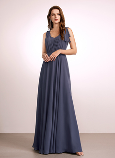 A-Line V-neck Floor-Length Bridesmaid Dress With Ruffle 