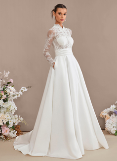 A-line High Neck Sweep Train Satin Lace Wedding Dress With Sequins 