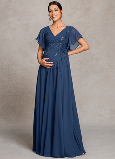 A-line V-Neck Floor-Length Lace Chiffon Maternity Dresses With Sequins Pleated 