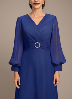 A-line V-Neck Ankle-Length Chiffon Mother of the Bride Dress With Crystal Brooch Pleated 