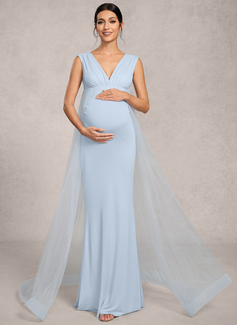 Sheath/Column V-Neck Sweep Train Tulle Jersey Maternity Dresses With Pleated 