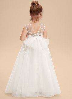 A-line kjole Scoop Gulvlengde Tyll Brudepikekjole barn med Cape paljetter 