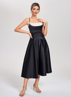 A-line Square Tea-Length Satin Cocktail Dress With Pleated 3D Floral 