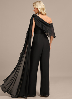 Jumpsuits Asymmetrical One Shoulder Floor-Length Chiffon Evening Dress With Cape 3D Floral Ruffle 