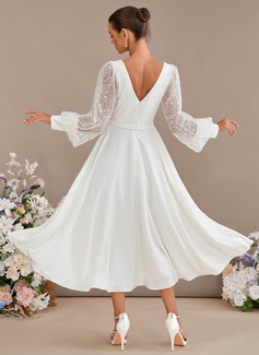 A-line V-Neck Tea-Length Stretch Crepe Wedding Dress With Sequins 