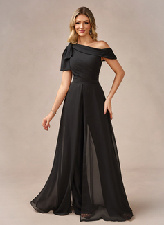 Jumpsuits One Shoulder Floor-Length Chiffon Evening Dress With Overskirt Bow 