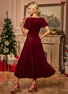 Jacquard Square Short Sleeve A-line Velvet Midi Dress 