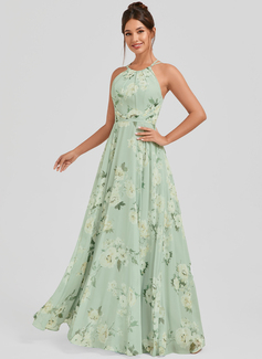 A-line Halter Floor-Length Chiffon Bridesmaid Dress 