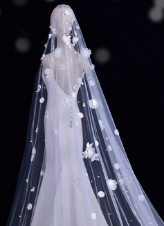 Floral Cut Edge Single Tier Tulle Bridal Cathedral Length Wedding Veils 