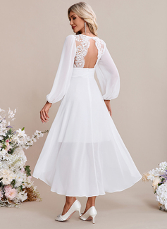 A-line V-Neck Tea-Length Asymmetrical Lace Chiffon Wedding Dress 