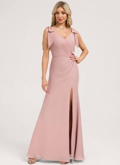 A-line V-Neck Knee-Length Floor-Length Chiffon Bridesmaid Dress With Bow 
