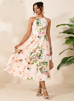 Floral Print Halter Sleeveless A-line Printed Fabric Midi Dress 