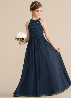 A-line Halter Floor-Length Chiffon Lace Junior Bridesmaid Dress With Beading 