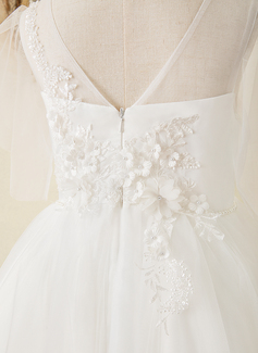 Prinzessin Rundhals Knöchellang Spitze Satin Tüll Blumenmädchenkleid 