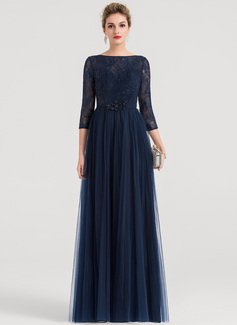 A-formet/Prinsesse Scoop Hals Gulvlengde Tyll Festkjole med Profilering 