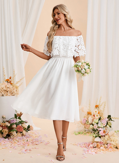 Off the Shoulder Sleeveless A-line Chiffon Lace Midi Dress 