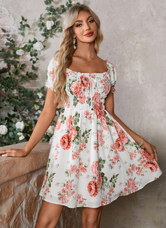 Floral Print Smocked Off the Shoulder A-line Printed Fabric Mini Dress 