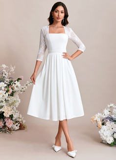 A-line Square Tea-Length Lace Stretch Crepe Wedding Dress 